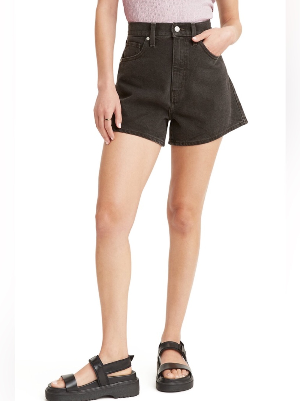 Levi’s High Waist Denim Mom Jean Shorts in Charcoal Black 28 Edgy Moto Festival